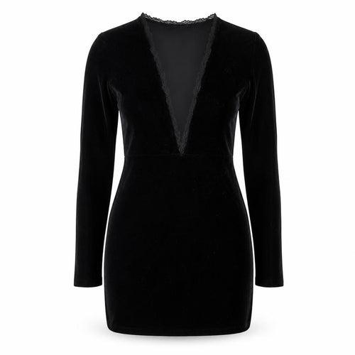 Model Women Black Velvet Lace V-Neck Long Sleeve Bodycon Dress L