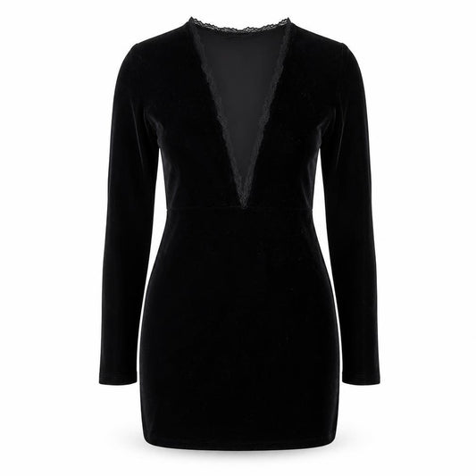 Front view of Model Women Black Velvet Lace V-Neck Long Sleeve Bodycon Dress L