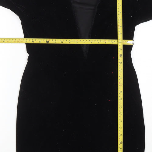 Model Women Black Velvet Lace V-Neck Long Sleeve Bodycon Dress L