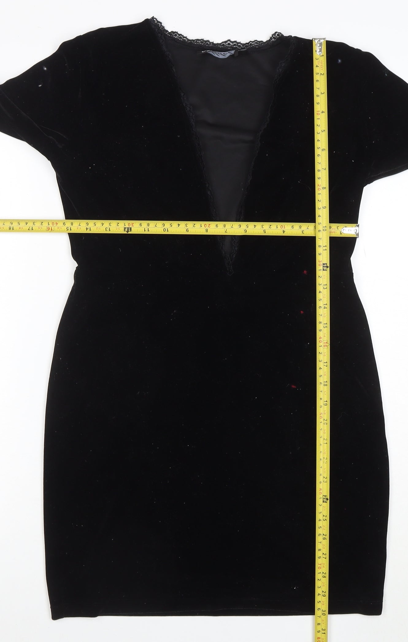 Model Women Black Velvet Lace V-Neck Long Sleeve Bodycon Dress L