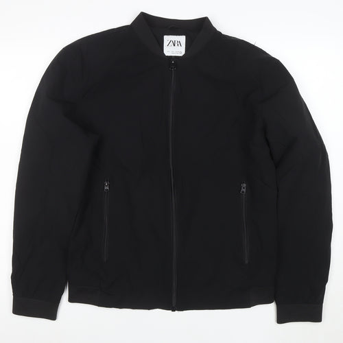 Zara Men Black Bomber Jacket Size L Full Zip Nylon Blend