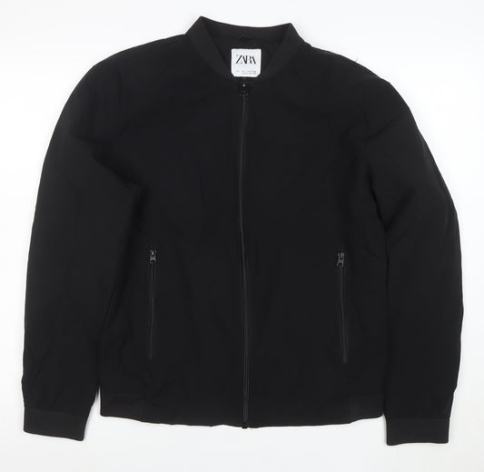 Zara Men Black Bomber Jacket Size L Full Zip Nylon Blend