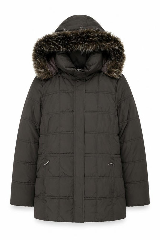 Front view of Maine New England Women's Brown Puffer Jacket, size 10, Hooded Winter Coat