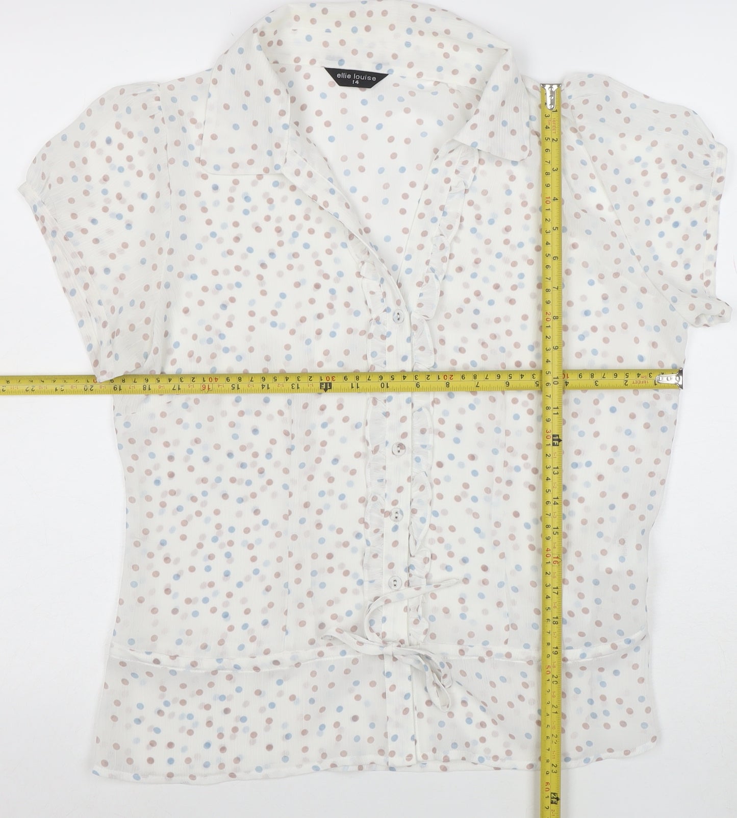 Ellie Louise Women's White Polka Dot Short Sleeve Chiffon Blouse Size 14