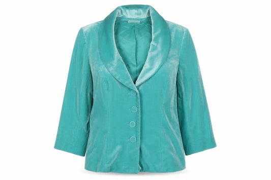Front view of Alex & Co Women’s Green Velvet Shawl Collar Blazer UK 12