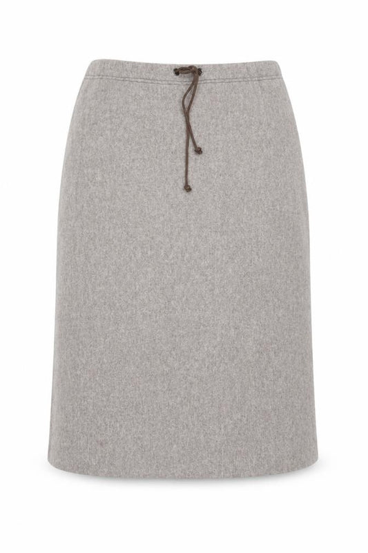 Front view of Choise by Danskin women’s beige wool knee length skirt, size UK 12