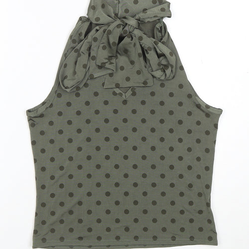 Classic Women's Green Polka Dot High Neck Bow Tie Sleeveless Top Size 14