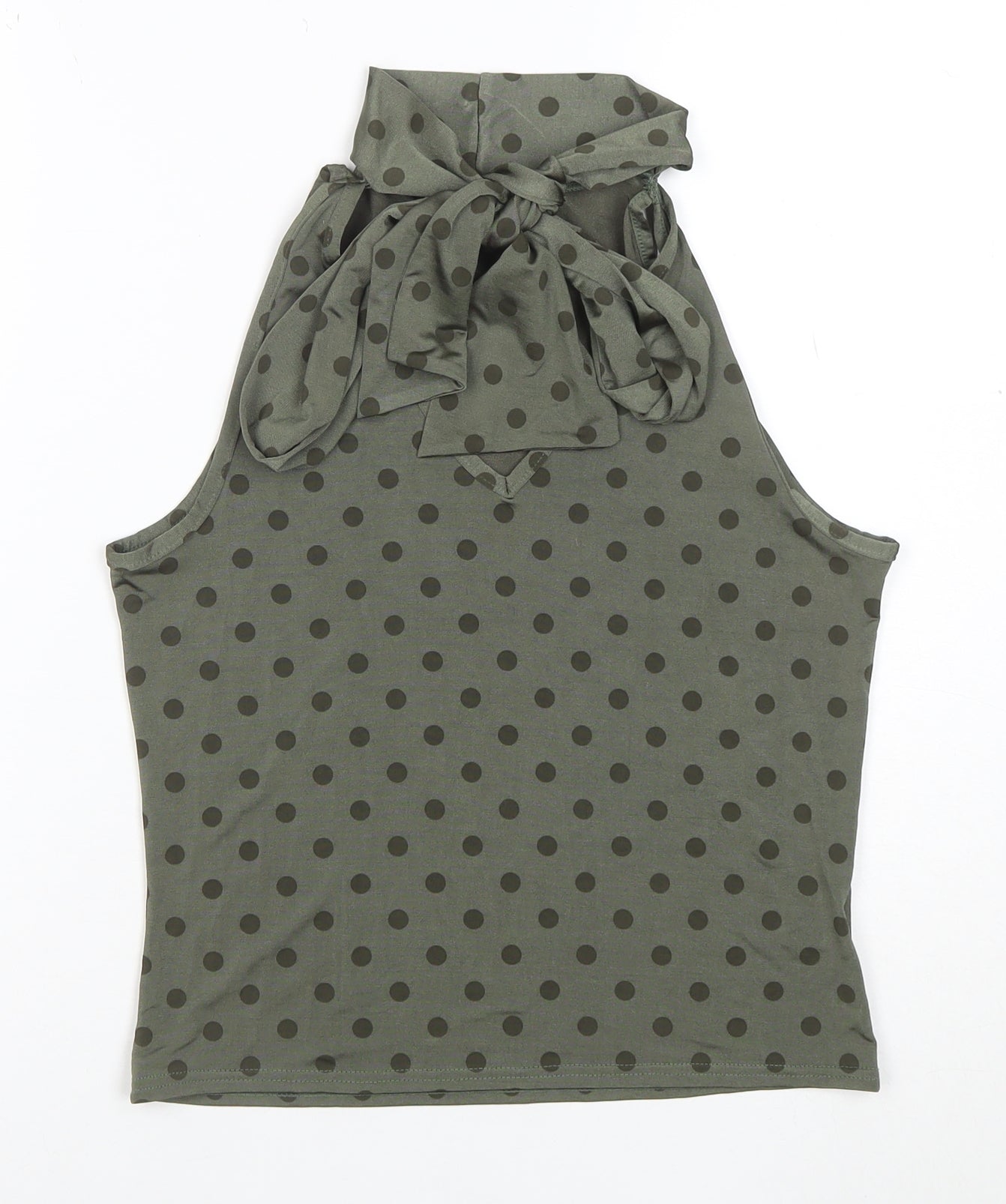 Classic Women's Green Polka Dot High Neck Bow Tie Sleeveless Top Size 14
