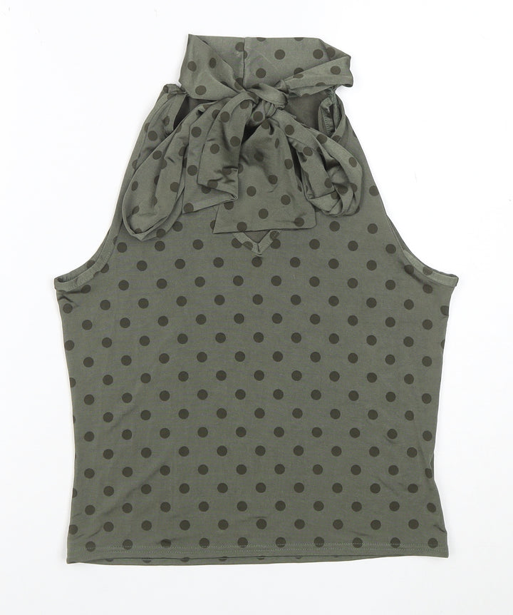 Classic Women's Green Polka Dot High Neck Bow Tie Sleeveless Top Size 14