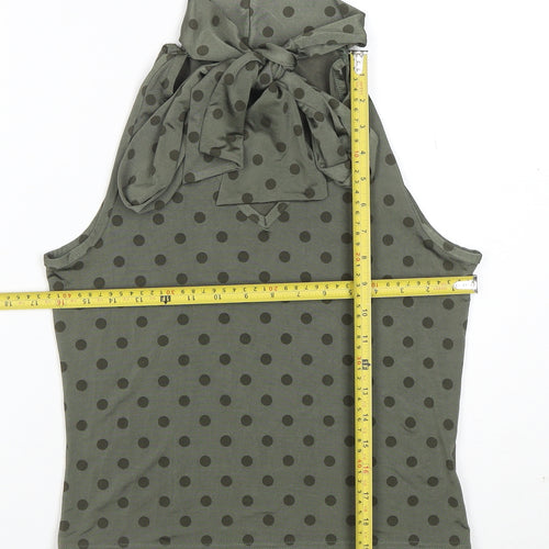 Classic Women's Green Polka Dot High Neck Bow Tie Sleeveless Top Size 14
