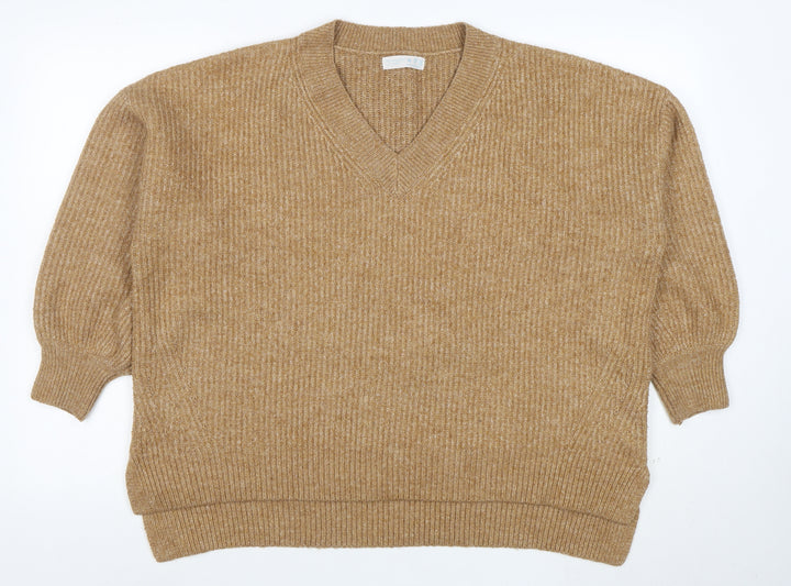 Primark Women’s Beige V-Neck Ribbed Knit 3/4 Sleeve Jumper M