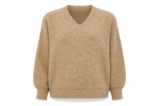 Front view of Primark Women’s Beige V-Neck Ribbed Knit 3/4 Sleeve Jumper M