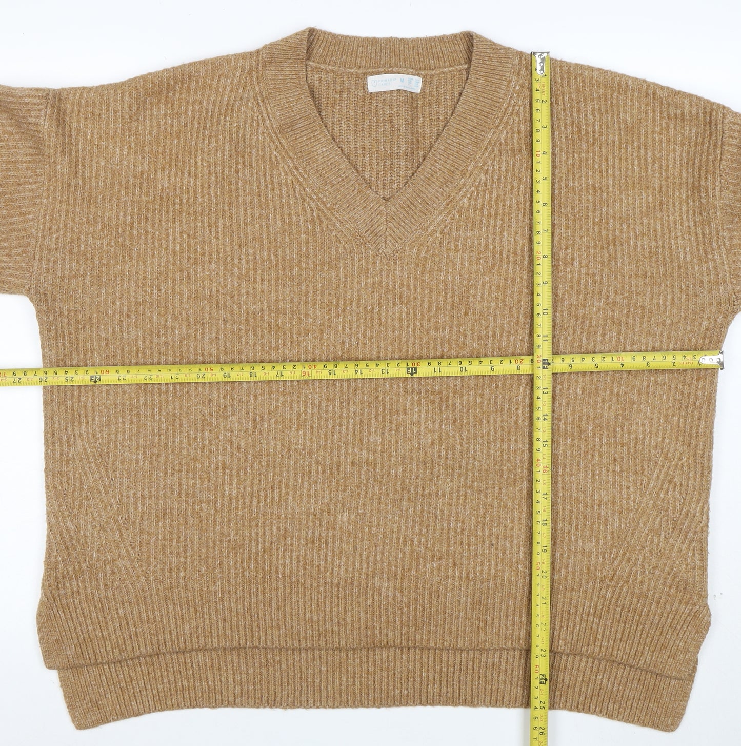 Primark Women’s Beige V-Neck Ribbed Knit 3/4 Sleeve Jumper M
