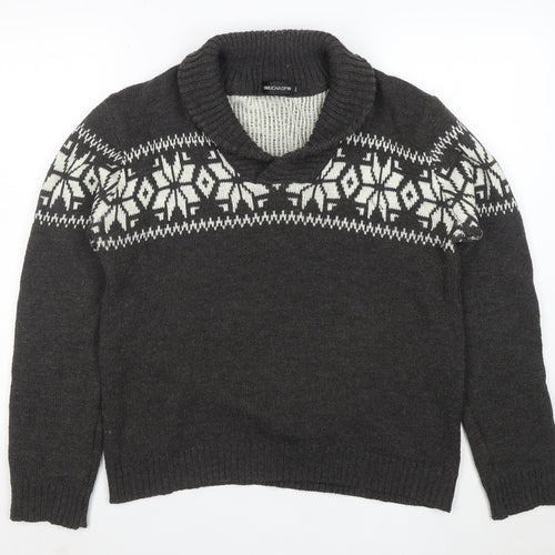 Tao Nu Cha Pin Womens Grey Fair Isle Wool Blend Shawl Collar Jumper XL