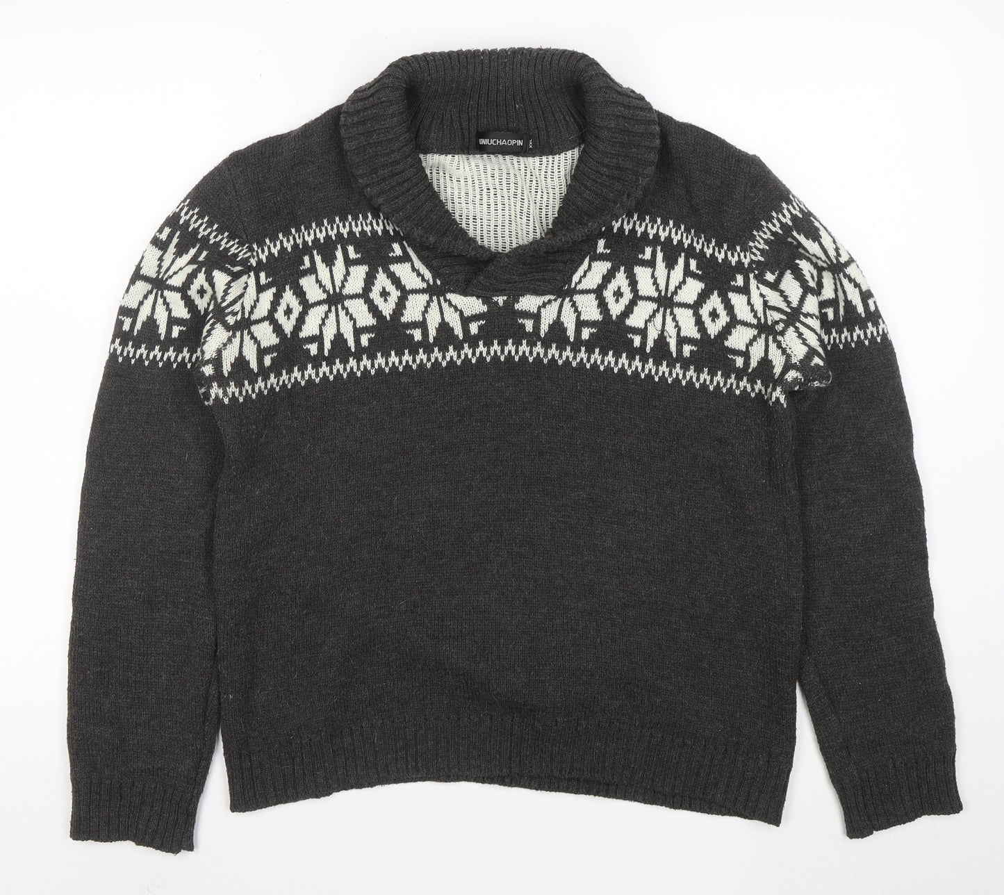 Tao Nu Cha Pin Womens Grey Fair Isle Wool Blend Shawl Collar Jumper XL
