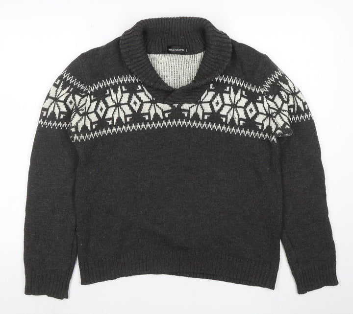 Tao Nu Cha Pin Womens Grey Fair Isle Wool Blend Shawl Collar Jumper XL
