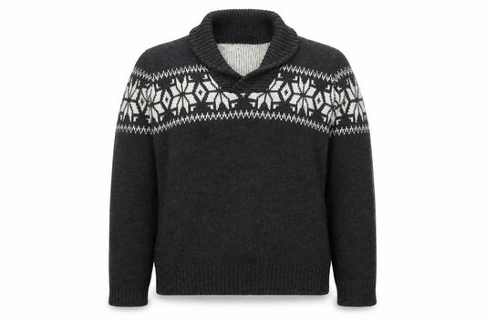 Front view of Tao Nu Cha Pin women’s grey fair isle wool blend shawl collar jumper xl