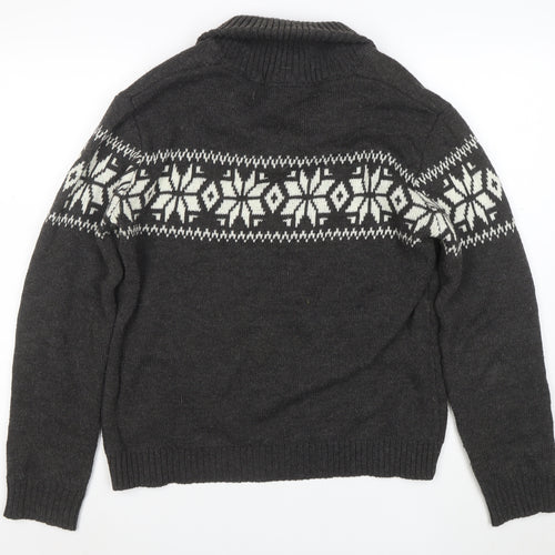 Tao Nu Cha Pin Womens Grey Fair Isle Wool Blend Shawl Collar Jumper XL