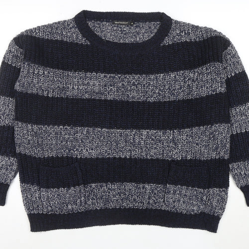 Aed London Women's Navy Grey Striped Knit Jumper M Acrylic Crew Neck