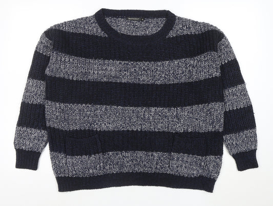 Aed London Women's Navy Grey Striped Knit Jumper M Acrylic Crew Neck