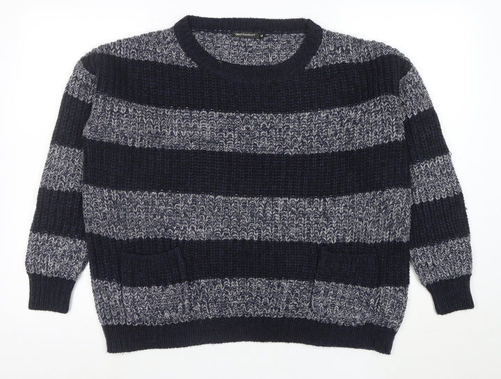 Aed London Women's Navy Grey Striped Knit Jumper M Acrylic Crew Neck