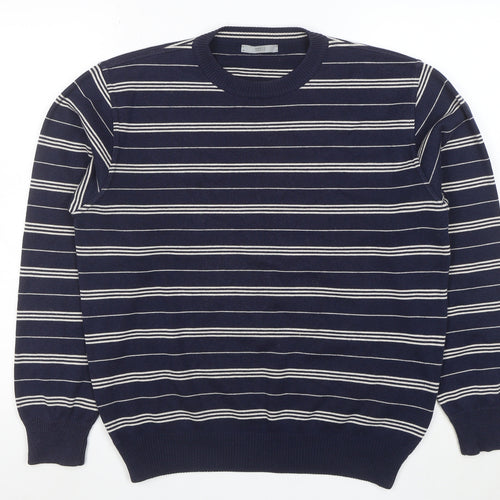 Marks and Spencer Men's Blue Striped Cotton Blend Pullover Jumper Size S