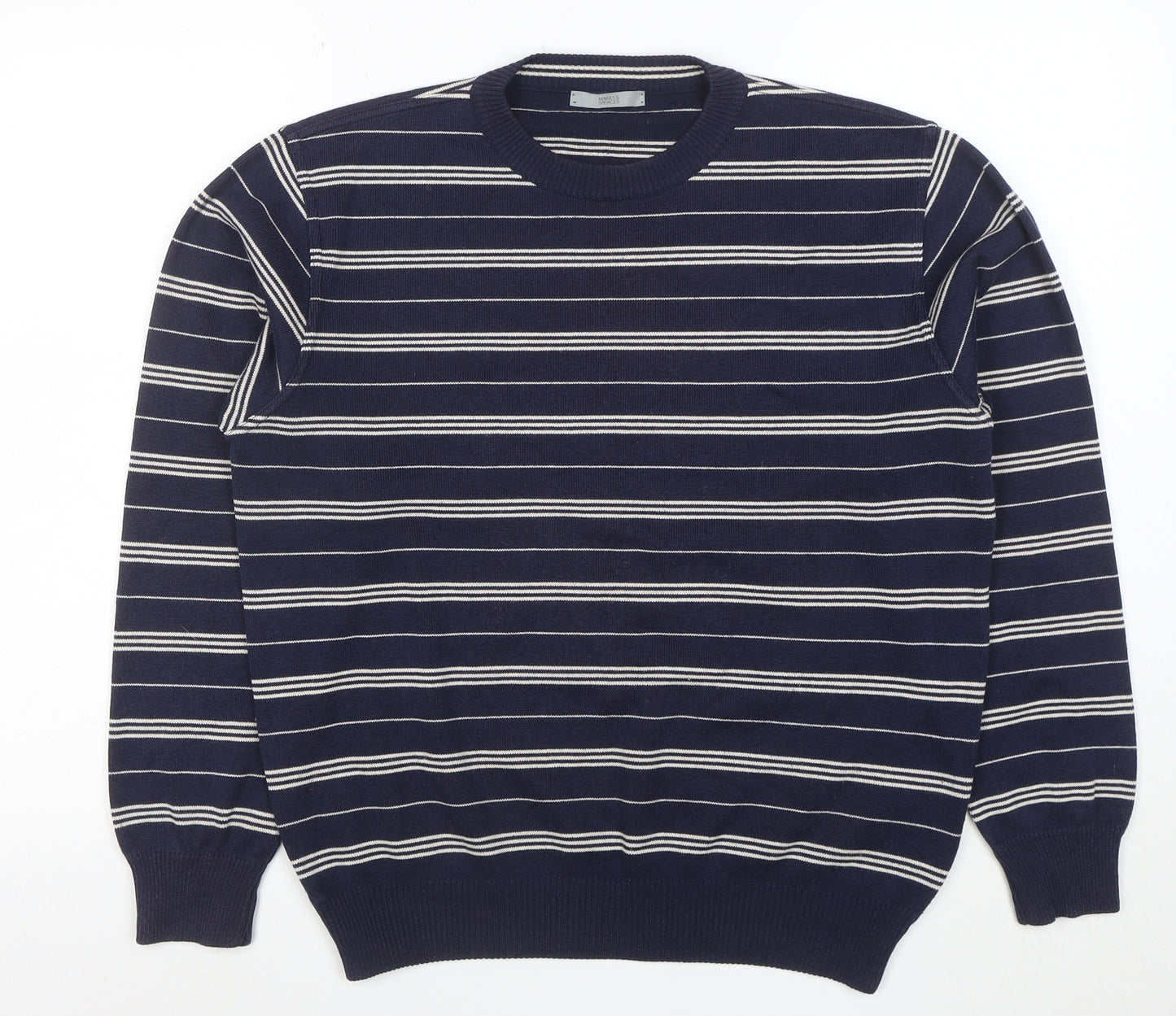 Marks and Spencer Men's Blue Striped Cotton Blend Pullover Jumper Size S