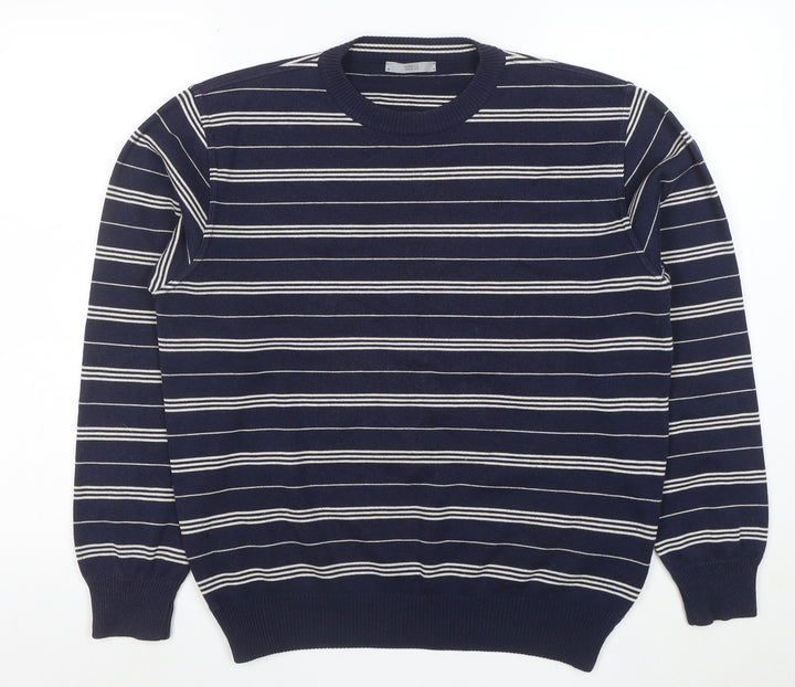 Marks and Spencer Men's Blue Striped Cotton Blend Pullover Jumper Size S