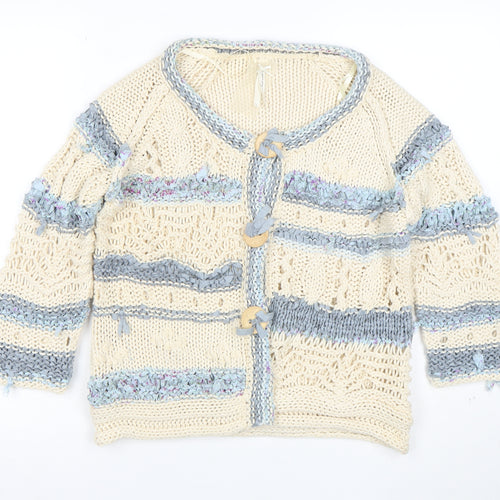 Next Women Beige Blue Knit Cardigan L Crochet Button Cotton Blend