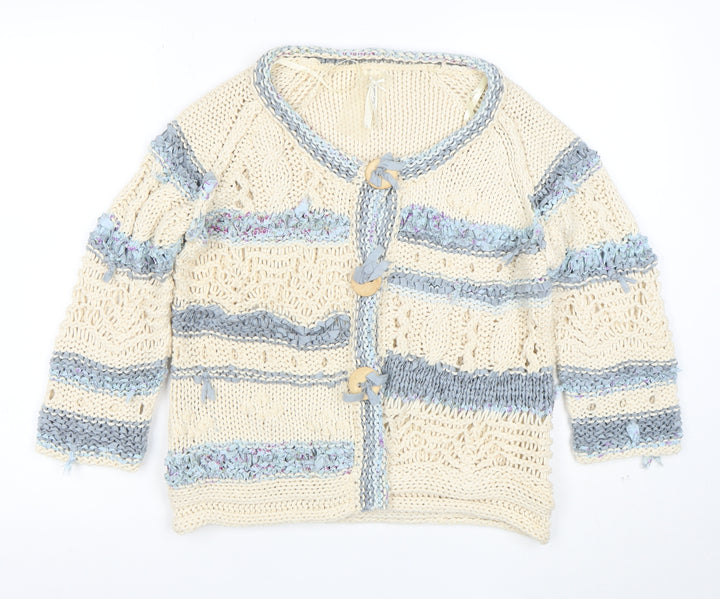 Next Women Beige Blue Knit Cardigan L Crochet Button Cotton Blend