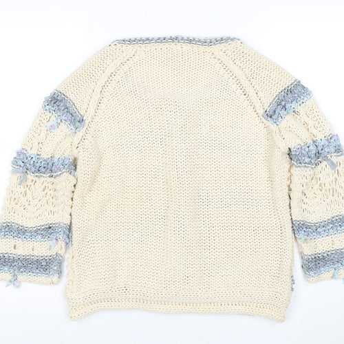 Next Women Beige Blue Knit Cardigan L Crochet Button Cotton Blend
