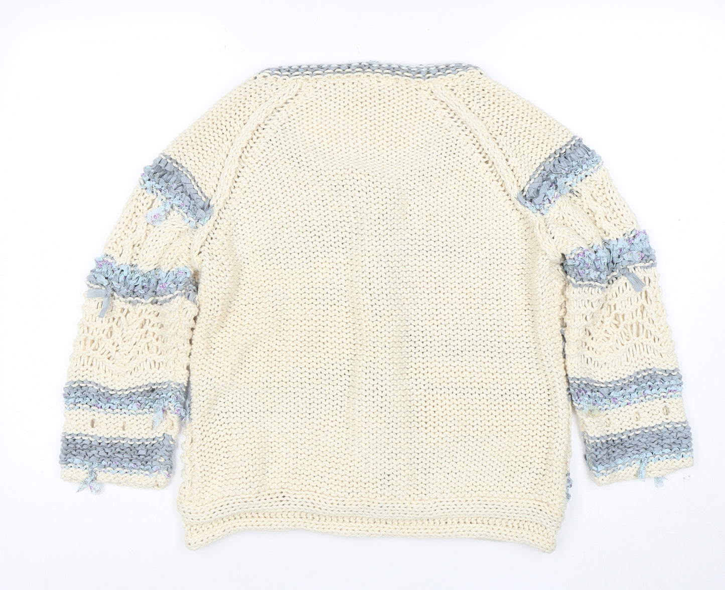 Next Women Beige Blue Knit Cardigan L Crochet Button Cotton Blend