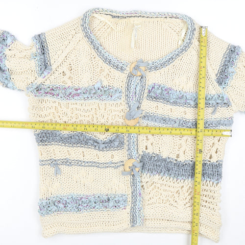 Next Women Beige Blue Knit Cardigan L Crochet Button Cotton Blend