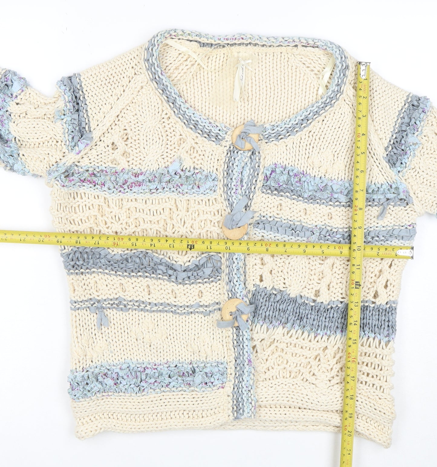 Next Women Beige Blue Knit Cardigan L Crochet Button Cotton Blend