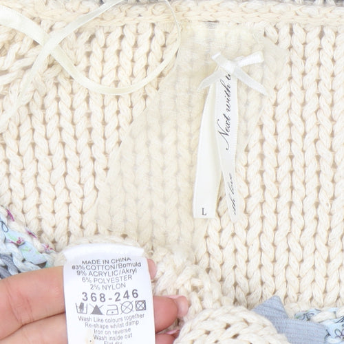 Next Women Beige Blue Knit Cardigan L Crochet Button Cotton Blend