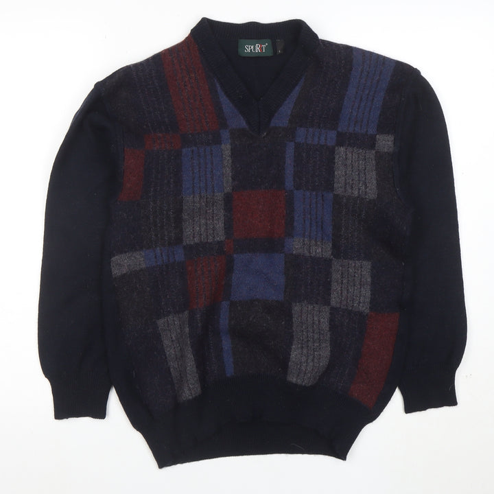 SPURT Men's Multicoloured Check V-Neck Wool Blend Jumper L