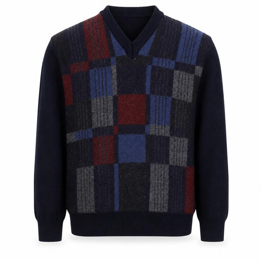 Front view of SPURT Men's Multicoloured Check V-Neck Wool Blend Jumper L