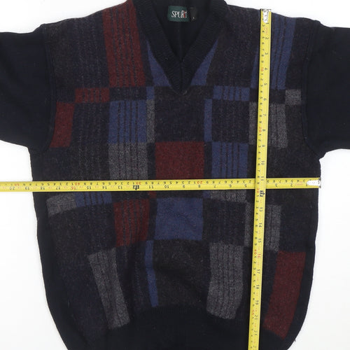 SPURT Men's Multicoloured Check V-Neck Wool Blend Jumper L