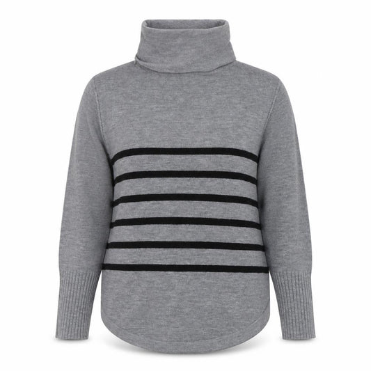 Front view of French Connection women’s grey roll neck striped jumper medium