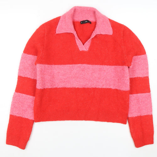 Mango Womens Red Pink Striped Collared Wool Blend Pullover Jumper Size 10