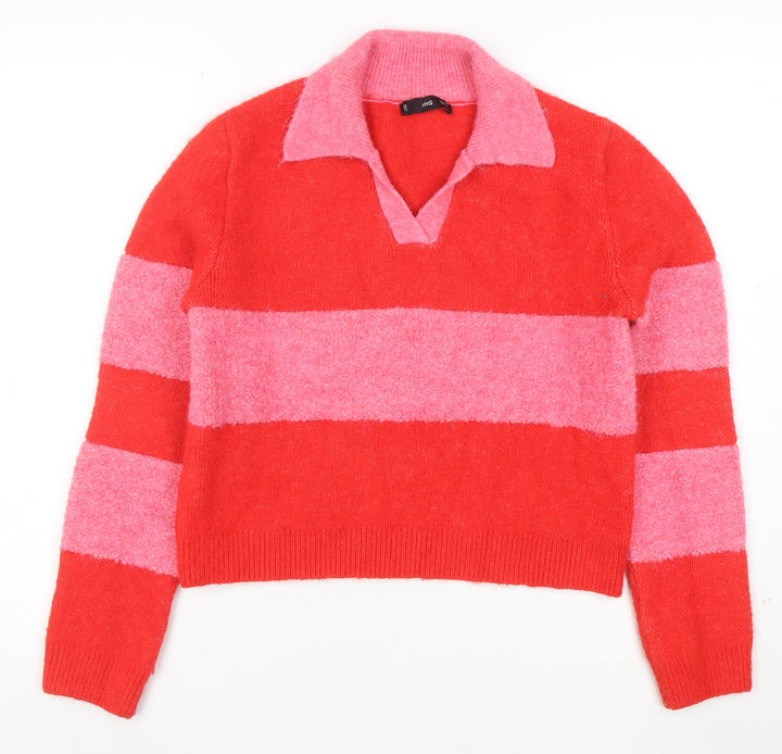 Mango Womens Red Pink Striped Collared Wool Blend Pullover Jumper Size 10