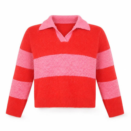 Mango Womens Red Pink Striped Collared Wool Blend Pullover Jumper Size 10
