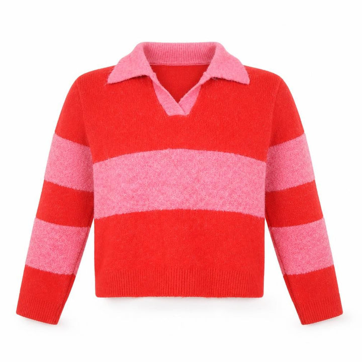 Mango Womens Red Pink Striped Collared Wool Blend Pullover Jumper Size 10