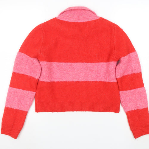 Mango Womens Red Pink Striped Collared Wool Blend Pullover Jumper Size 10