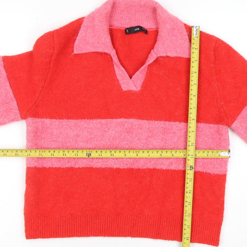 Mango Womens Red Pink Striped Collared Wool Blend Pullover Jumper Size 10