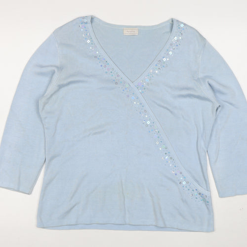 Portafina Women Blue Sequin Wrap Knit 3/4 Sleeve Blouse Size 18