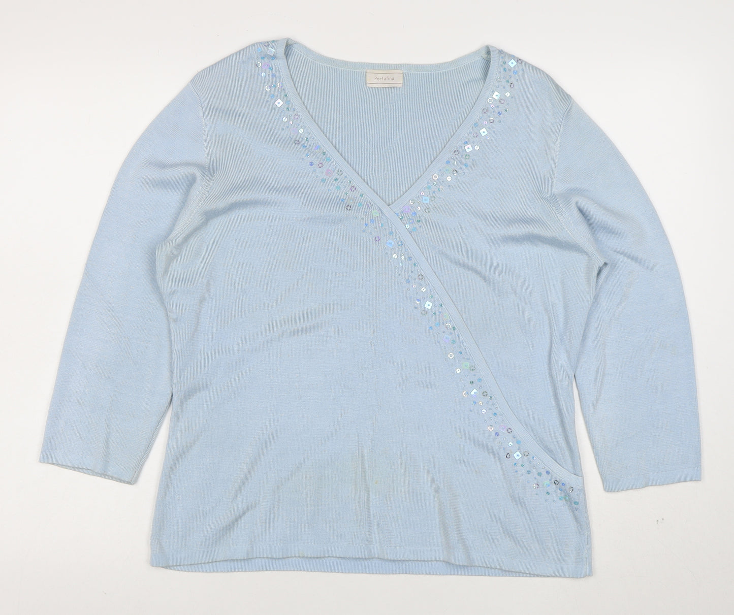 Portafina Women Blue Sequin Wrap Knit 3/4 Sleeve Blouse Size 18