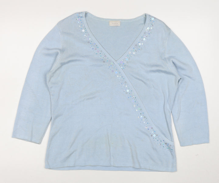 Portafina Women Blue Sequin Wrap Knit 3/4 Sleeve Blouse Size 18