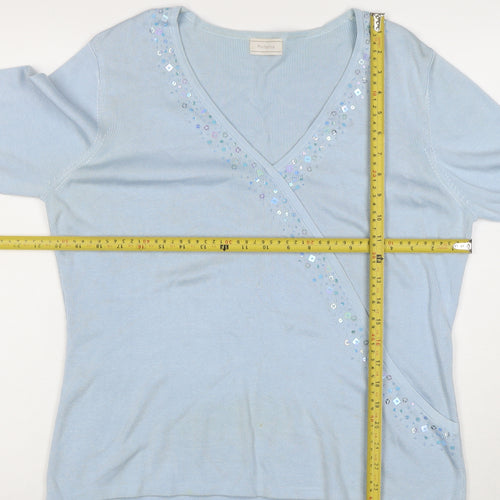 Portafina Women Blue Sequin Wrap Knit 3/4 Sleeve Blouse Size 18