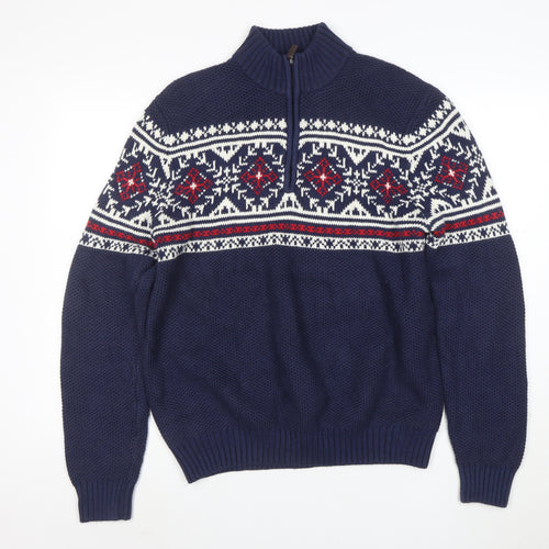 IZOD Men's Blue Fair Isle 1/4 Zip Jumper L/6 Cotton Blend Knit